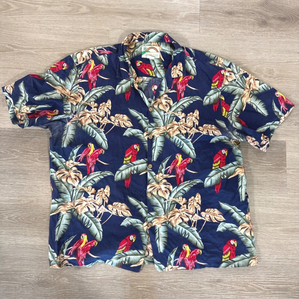 Vtg Paradise Found Hawaiian Shirt Mens XL Blue Parrot Tropical Palm Cotton Aloha